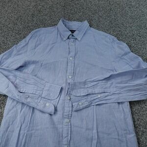 Piombo‎ Shirt Mens L Blue White Striped Linen Chambray Button Up Casual Summer
